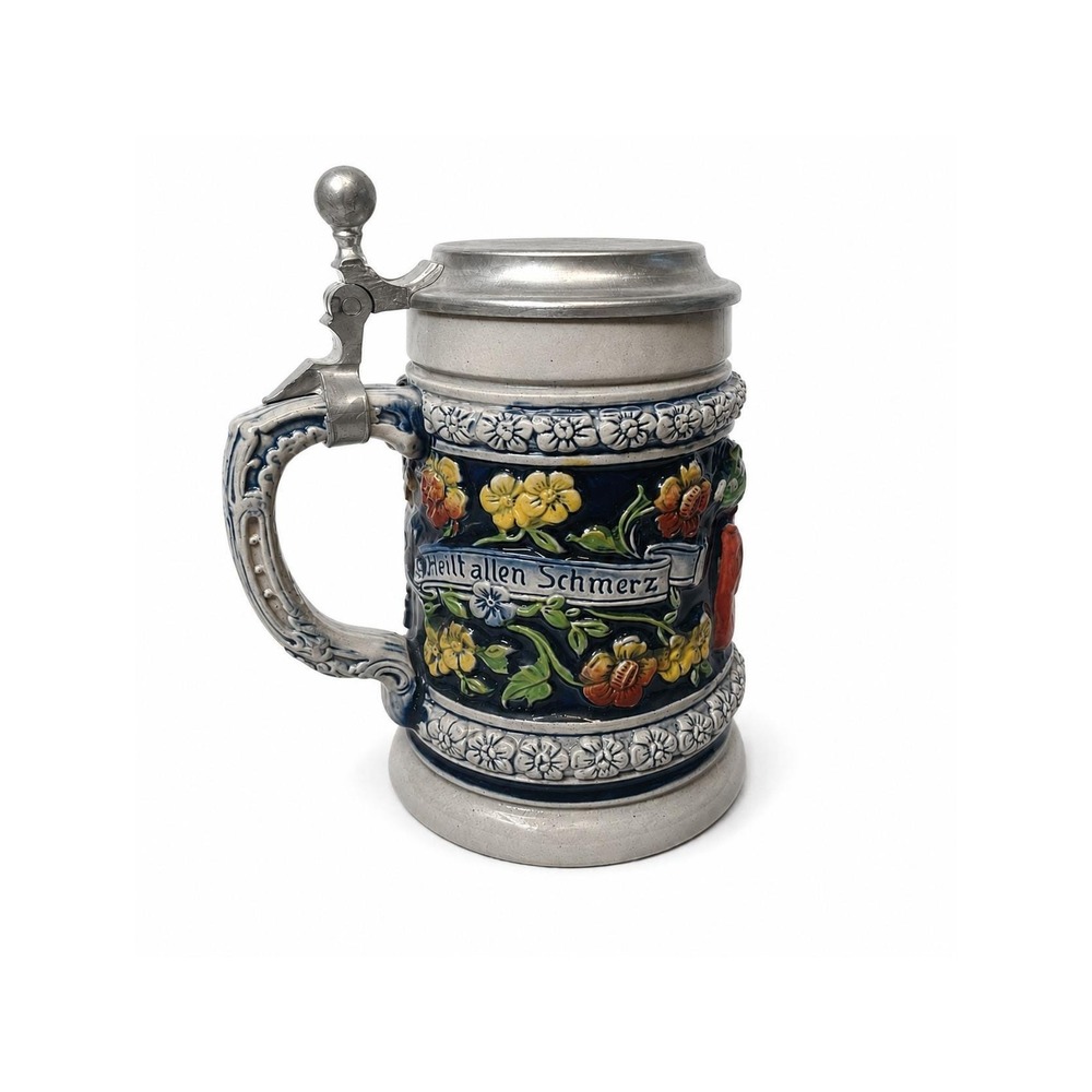 Vintage Thewalt German Beer Stein Pewter Lid Ein Frohes Herz Heilt Allen Schmerz